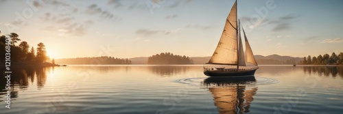 Classic yacht under full sail, gliding across the calm waters of a serene lake, reflecting the warm sunlight , lake, light, calm