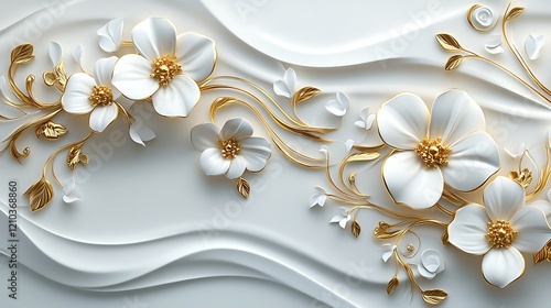 3D wallpaper with a white and gold floral background