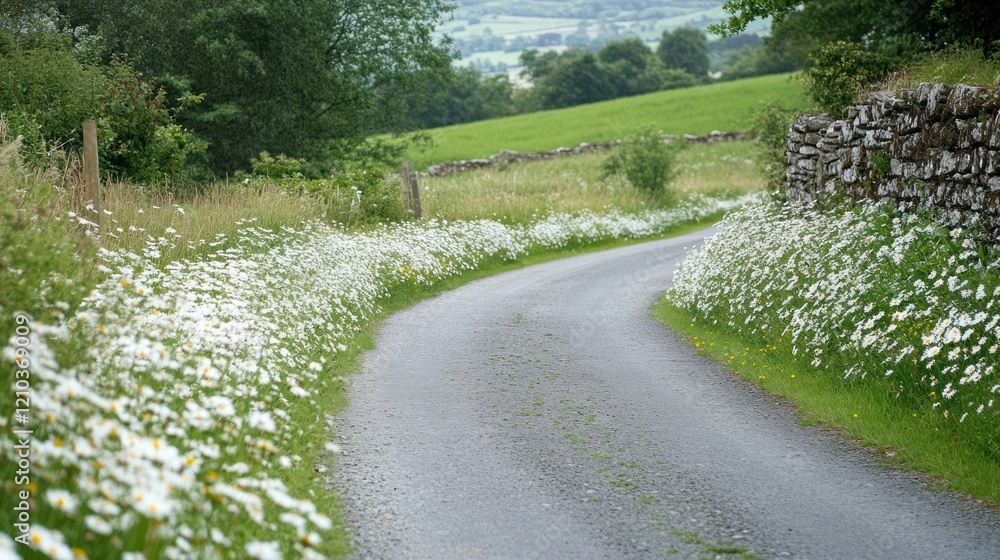 A winding asphalt road lined with white wildflowers and a stone wall under a cloudy sky A winding asphalt road lined with white wildflowers and a stone wall under a cloudy sky