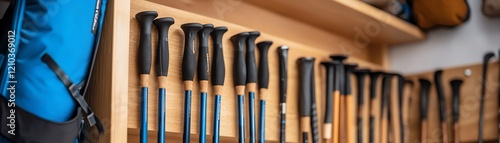 A collection of trekking poles organized neatly on a wooden shelf, showcasing outdoor adventure gear and hiking essentials. photo