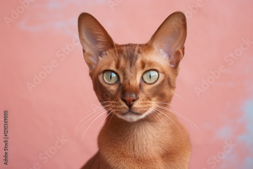 Portrait of a cute havana brown cat in front of solid pastel color wall photo