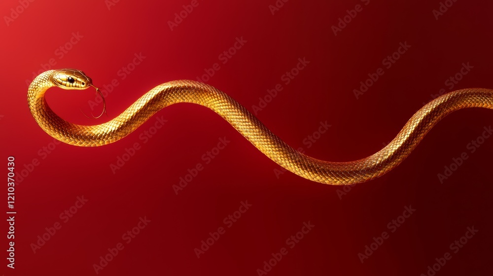 Empty space, a long delicate golden snake hovering and flying in the air, metallic snake, red background, depth of field Empty space, a long delicate golden snake hovering and flying in the air, metallic snake, red background, depth of field