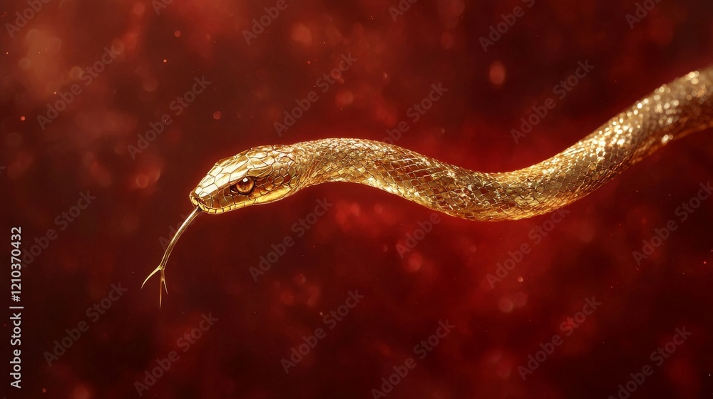 Empty space, a long delicate golden snake hovering and flying in the air, metallic snake, red background, depth of field 