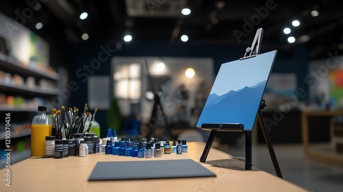 A creative workspace featuring an easel, paint supplies, and a blank canvas, inviting artistic inspiration and exploration. photo