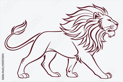 line art illustration of a majestic lion in a walking posture.