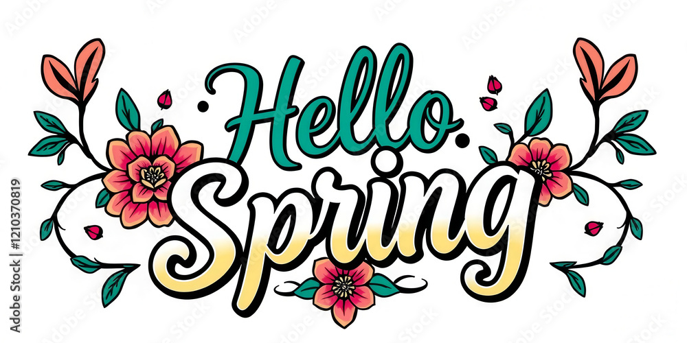 A colorful drawing of a spring scene with the words A colorful drawing of a spring scene with the words
