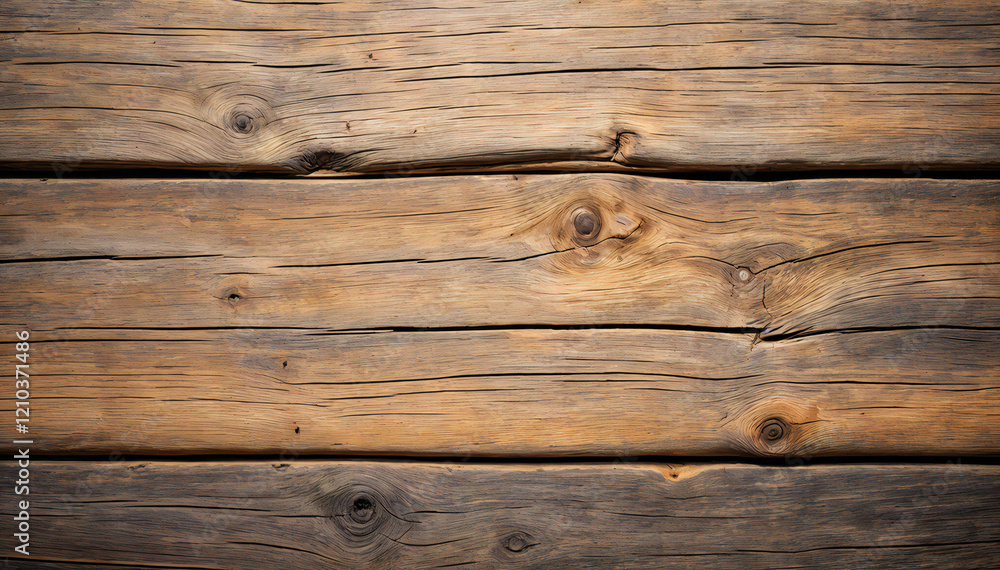 Fototapeta premium Rustic Wood Texture: A detailed shot of weathered wooden planks, showcasing the natural grain, knots, and imperfections. Perfect for backgrounds, textures, and design elements.