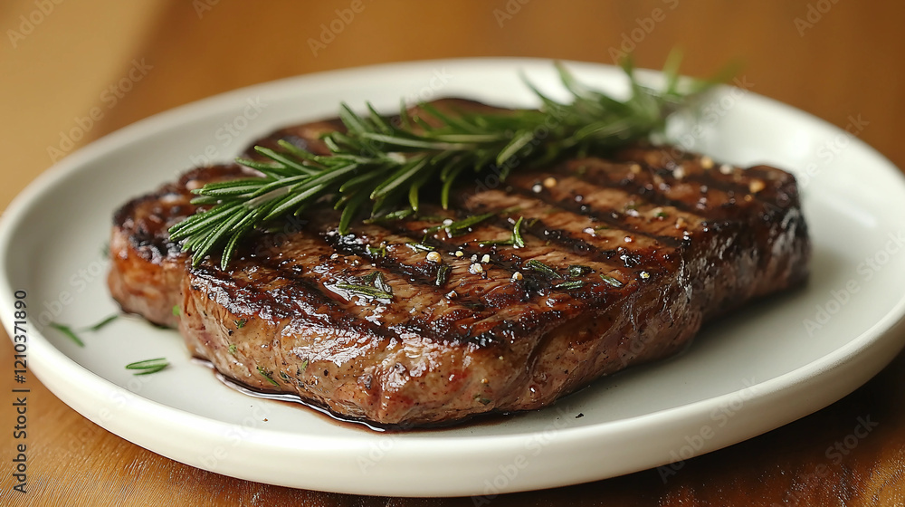 Grilled steak with rosemary served on a white plate ready for dinner enjoyment Grilled steak with rosemary served on a white plate ready for dinner enjoyment