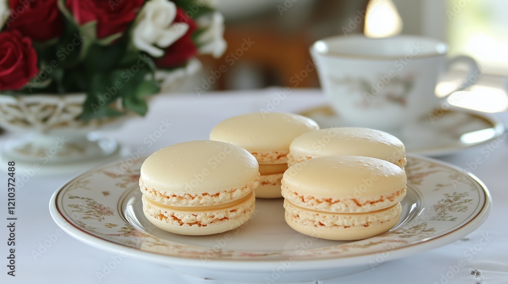 Delicate pastel macarons are artfully arranged on a decorative plate. A nearby bouquet of roses and fine china create a charming afternoon tea ambiance at a cozy bakery.