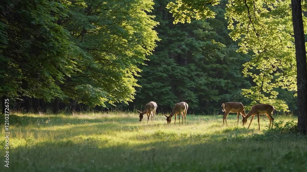 A herd of deer grazing peacefully in a lush green forest glade A herd of deer grazing peacefully in a lush green forest glade