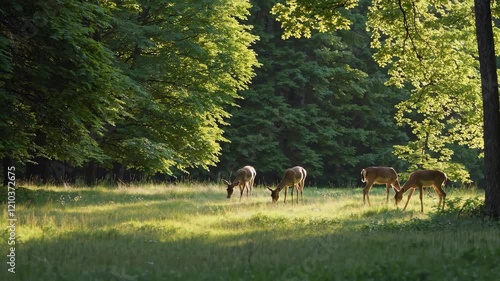 A herd of deer grazing peacefully in a lush green forest glade