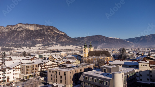 Panorama View of the the town Saint Johann with church at Wilder Kaiser in Austria Tyrol European Alps photo