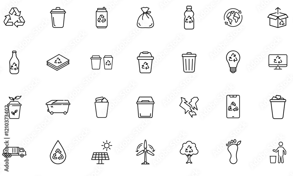 Line Icon Set. Set of 28 Outline Icons Related to Recycling, Garbage, Trash, Separation, Garbage Truck, Recycle Icons, Ecology, and Others. Editable Stroke. Vector Illustration. Line Icon Set. Set of 28 Outline Icons Related to Recycling, Garbage, Trash, Separation, Garbage Truck, Recycle Icons, Ecology, and Others. Editable Stroke. Vector Illustration.
