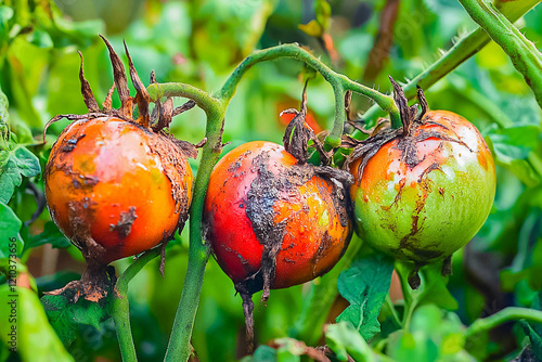 Tomatoes damaged and infected with a fungus disease late blight in the garden photo