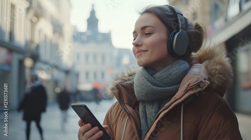 Woman listening music from a smart phone in the street. Woman listening wireless music with headphones from a smart phone in the street