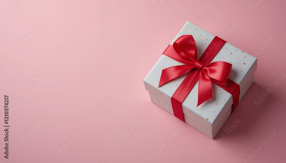 Fototapeta premium Gift Box Red Ribbon Present Pink Background Holiday Surprise