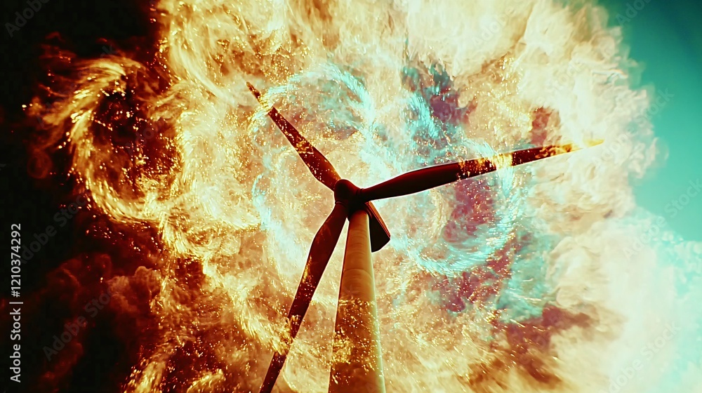 visual of a wind turbine surrounded by swirling energy effects, representing the electricity generation process. The dynamic motion of the blades contrasts with the static background, symbolizing visual of a wind turbine surrounded by swirling energy effects, representing the electricity generation process. The dynamic motion of the blades contrasts with the static background, symbolizing