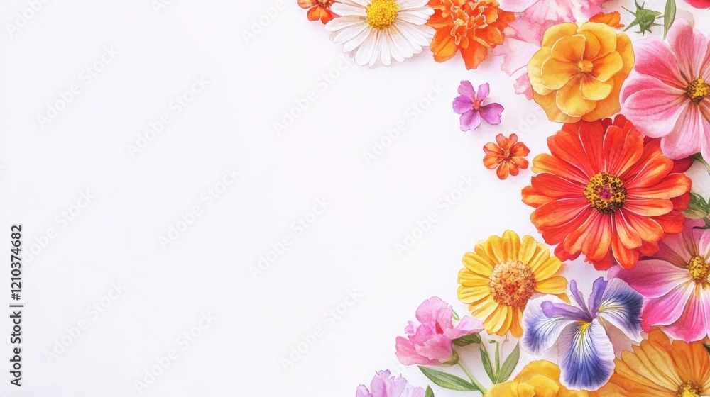Fototapeta premium Colorful flowers arranged on white background, leaving space for text or design.