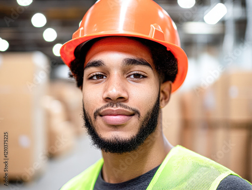 Close-up portrait of warehouse worker in industrial setting with safety gear photo