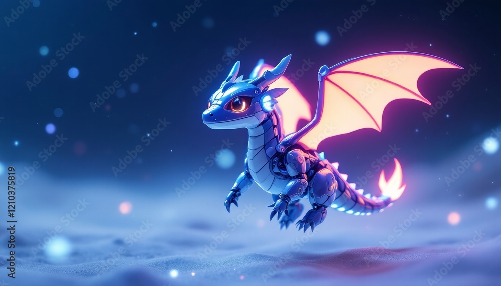 Fototapeta premium Robotic dragon with neon wings in mystical night sky