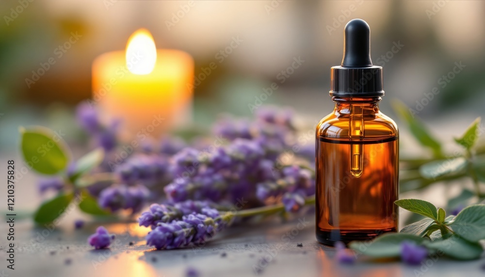 Lavender essential oil bottle with candle and fresh flowers on wooden table Lavender essential oil bottle with candle and fresh flowers on wooden table