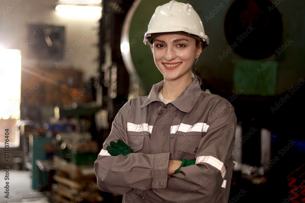 Fototapeta premium Portrait of industrial engineer woman with protective workwear and safely helmet stands with arms crossed at manufacturing factory. Smiling beautiful female worker work at steelmaking metal industry