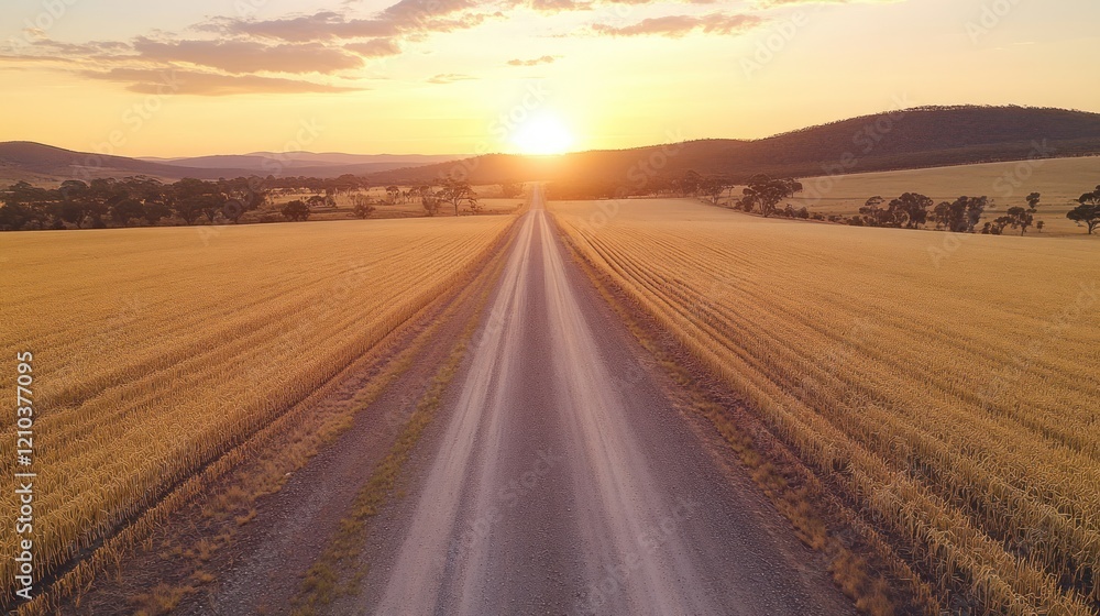 Naklejka premium Sunset over a Long Dirt Road Cutting Through Golden Wheat Fields Landscape View