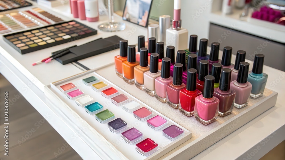 Overhead View of Colorful Nail Polish Bottles Arranged on a Table in a Beauty Setting. Generative AI Overhead View of Colorful Nail Polish Bottles Arranged on a Table in a Beauty Setting. Generative AI