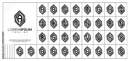 Digital line cut hexagon letter A-Z logo set