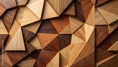 Geometric Wooden Panel: Captivating geometric wood panel, a harmonious blend of various wood tones and angled planes, creating an alluring surface