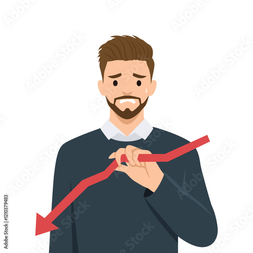 Worried man holding a red downward pointing arrow represents financial decline or business failure. Flat vector illustration isolated on white background