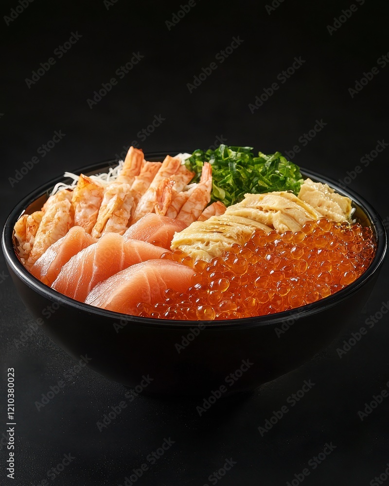 Fresh Seafood Bowl with Salmon, Shrimp, Roe, and Vegetables Fresh Seafood Bowl with Salmon, Shrimp, Roe, and Vegetables