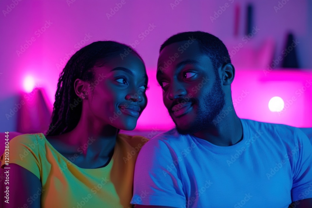 Romantic Couple Under Neon Lights: A Nighttime Portrait