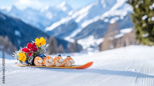 Shrimp appetizer on a ski on snowy mountain. photo