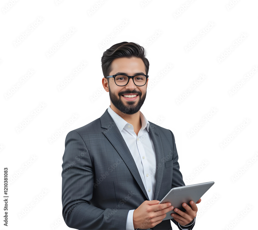 Handsome businessman using a tablet and working, isolated on transparent background
Handsome businessman using a tablet and working, isolated on transparent background