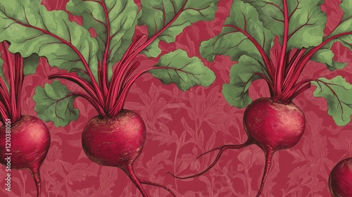 Detailed illustration of three vibrant red beets with lush green leaves against a textured maroon background.