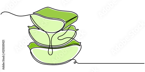 One single line drawing of healthy organic green aloe vera for farm logo identity, Aloe vera plant sketch, simple vector illustration, background, label design. One continuous line drawing art.