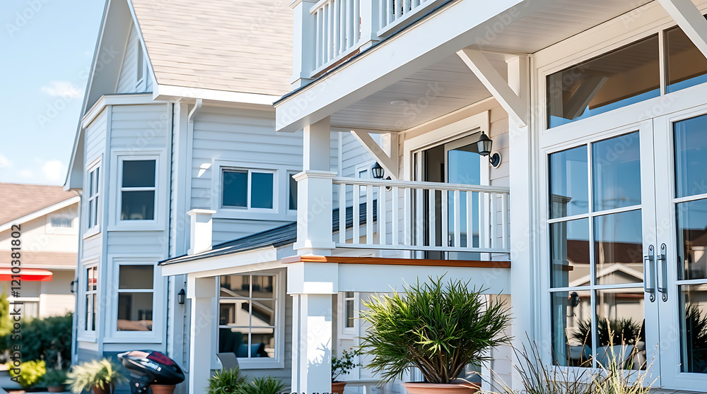 Luxury Beach House Exterior: Modern Architectural Design, White Facade, Balcony, and Large Windows Luxury Beach House Exterior: Modern Architectural Design, White Facade, Balcony, and Large Windows
