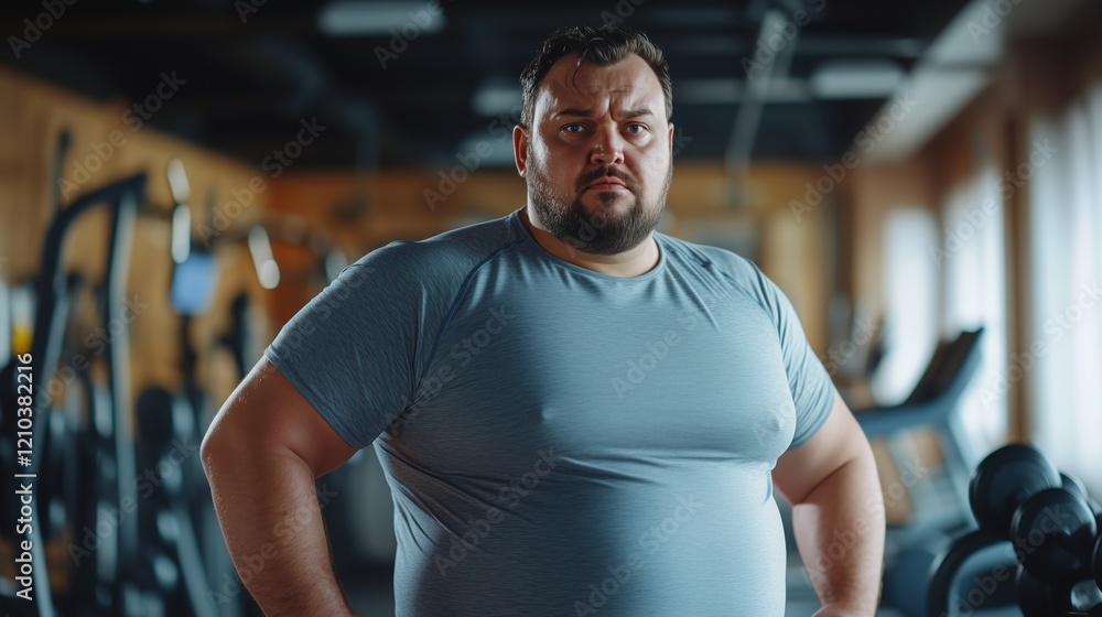 Fototapeta premium Slightly overweight man engages in exercise routine in a well-lit gym during morning hours