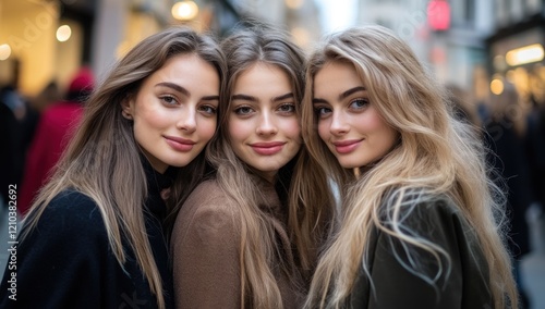 Three Beautiful Women in City Street, Fashionable and Stylish
