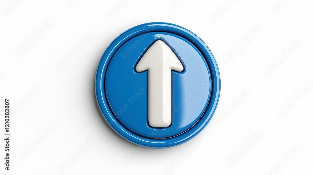 3D Render of Glossy Blue Circular Button with White Up Arrow, Digital Interface Element 3D Render of Glossy Blue Circular Button with White Up Arrow, Digital Interface Element