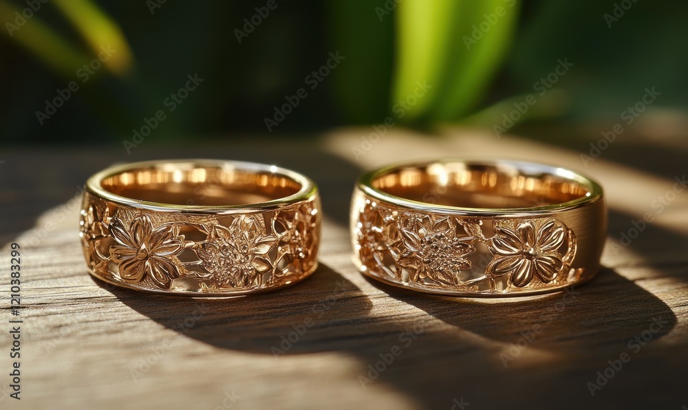 Intricate Floral Design Gold Wedding Bands on Wooden Surface