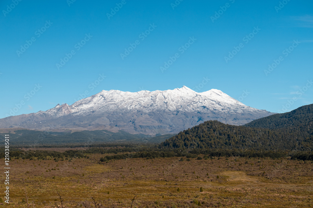 Fototapeta premium View of snow-covered Mount Ruapehu with a cloud-free blue sky (North Island, New Zealand)