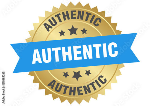 authentic. authentic round blue and gold label isolated on transparent background