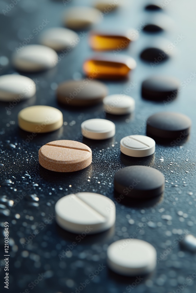 Macro shot of various pills on a surface. Macro shot of various pills on a surface.