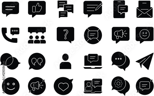 Communication and Customer Support Solid Icons Set with Chat Messages, Phone Call, Email, Feedback, Like, Question Answer and Social Interaction Symbols.