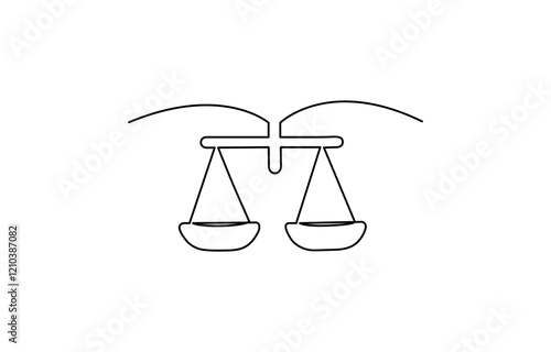 Court legal scale in continuous one drawing. Libra or law identity concept simple vector illustartion, Continuous one line drawing of judicial scales law. Libra symbol simple outline illustration.
