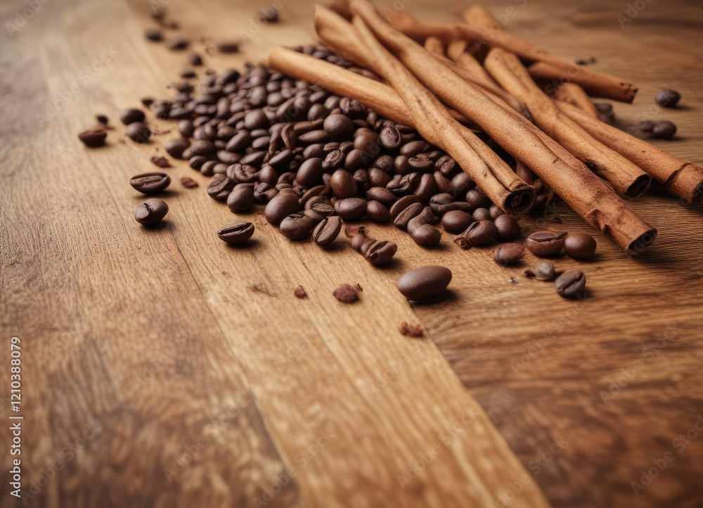 Coffee beans scattered on a wooden table with a cinnamon stick nearby, wood, spices, desk Coffee beans scattered on a wooden table with a cinnamon stick nearby, wood, spices, desk