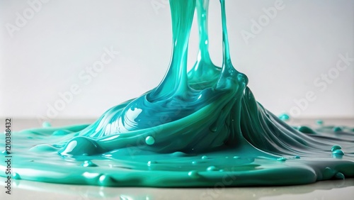 Close-up shot of teal colored slime falling from a height onto an empty white surface, unique pattern, drippy effect photo