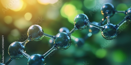 Closeup of shimmering pfas molecule with aqua bubbles in blurred nature environment